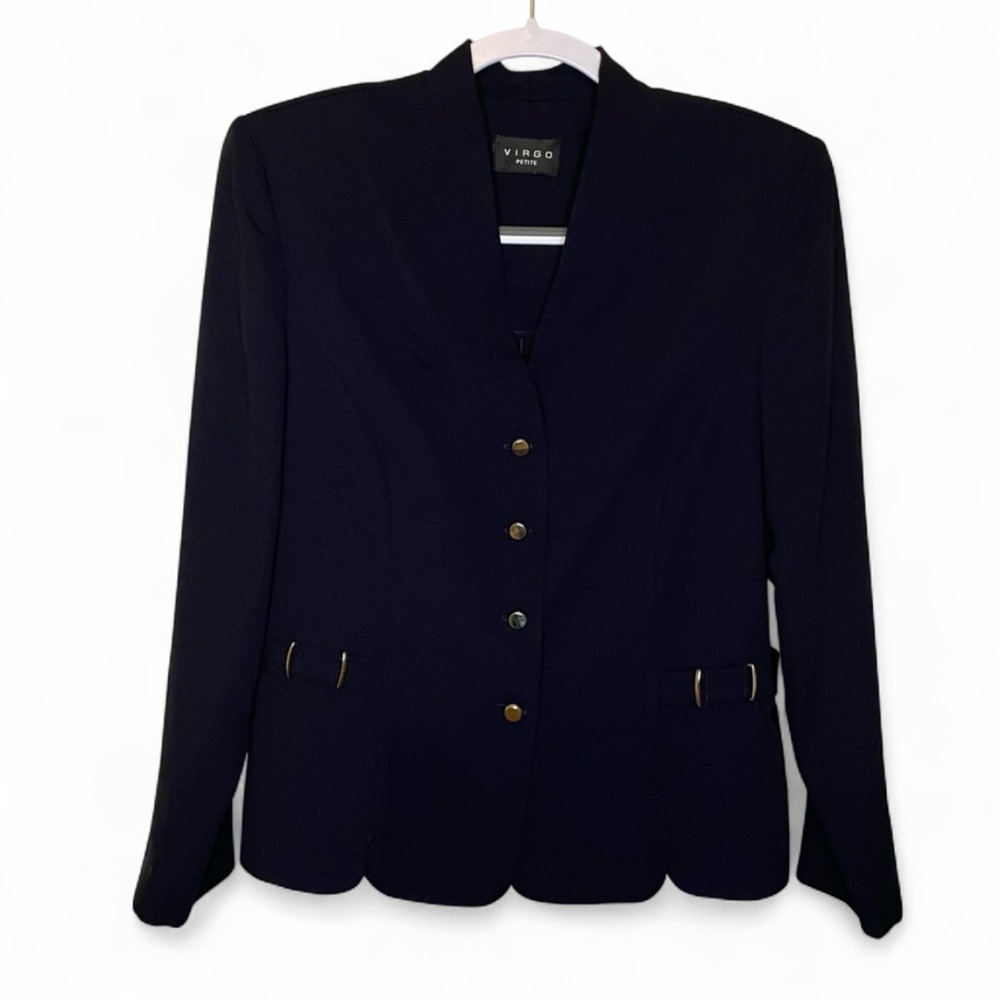 VTG Virgo Petite Navy Blue Collarless Gold Button Scalloped Blazer Women's 10P